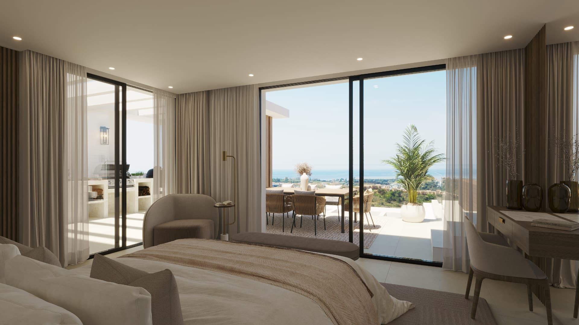 Bedroom opening onto a sunlit terrace